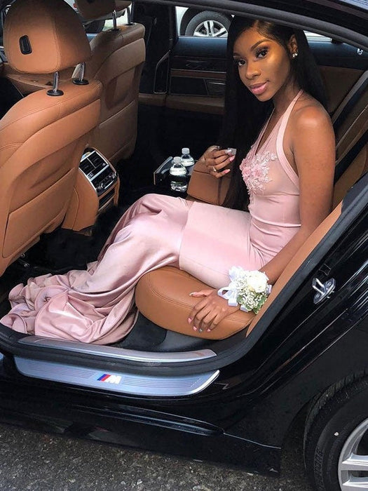 Trumpet/Mermaid Sleeveless Halter Sweep/Brush Train Applique Elastic Woven Satin Dresses - Prom Dresses