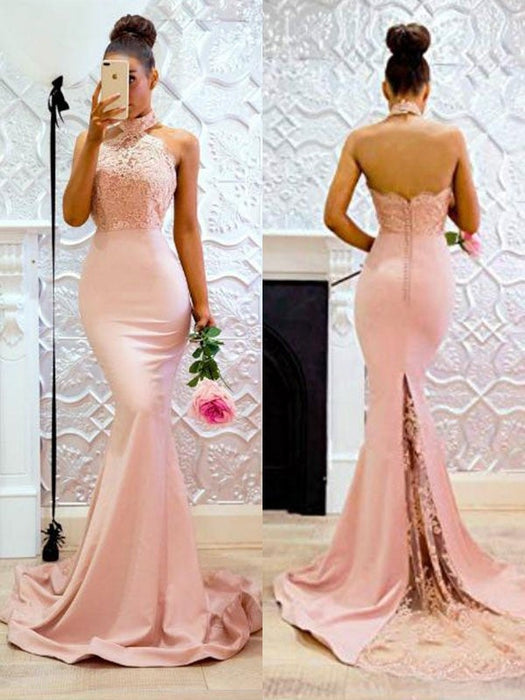 Trumpet/Mermaid Sleeveless Halter Sweep/Brush Train Lace Charmeuse Dresses - Prom Dresses
