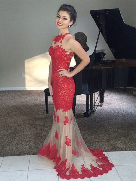 Trumpet/Mermaid Sleeveless High Neck Net Applique Sweep/Brush Train Dresses - Prom Dresses