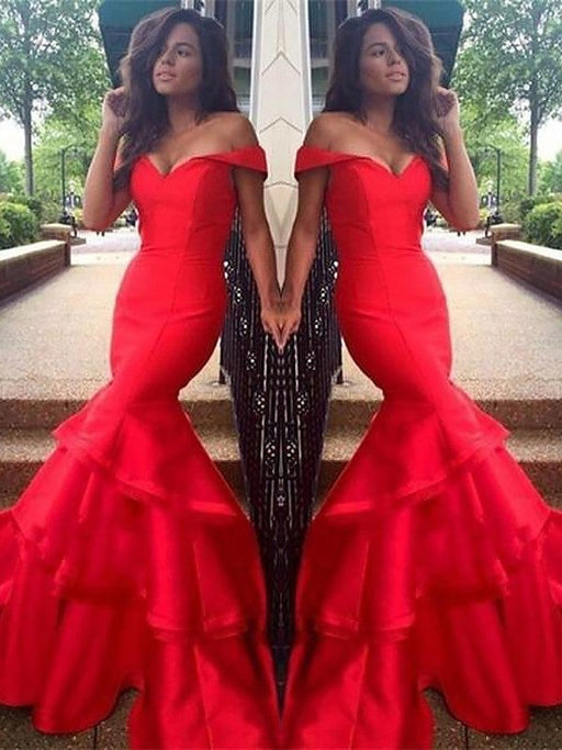 Trumpet/Mermaid Sleeveless Off-the-Shoulder Satin Layers Sweep/Brush Train Dresses - Prom Dresses