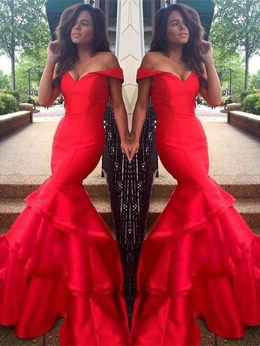 Trumpet/Mermaid Sleeveless Off-the-Shoulder Satin Layers Sweep/Brush Train Dresses - Prom Dresses