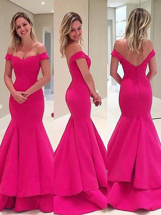 Trumpet/Mermaid Sleeveless Off-the-Shoulder Satin Layers Sweep/Brush Train Dresses - Prom Dresses
