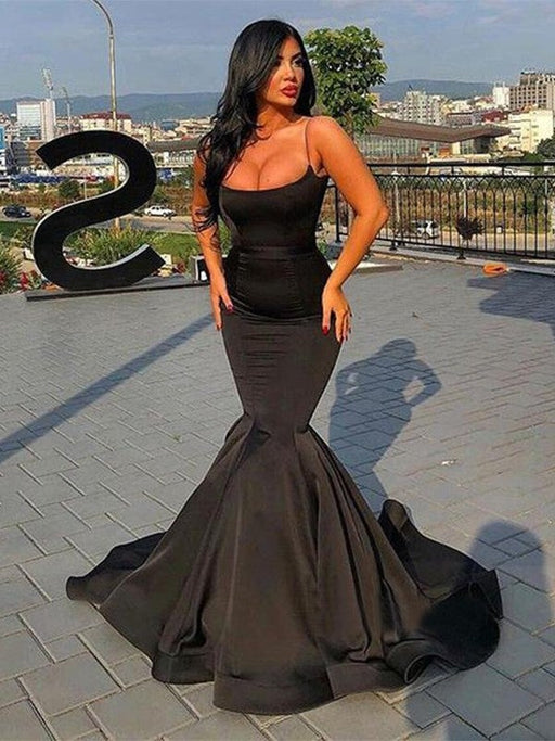 Trumpet/Mermaid Sleeveless Spaghetti Straps Sweep/Brush Train Ruffles Satin Dresses - Prom Dresses