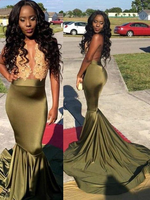 Trumpet/Mermaid Sleeveless Scoop Sweep/Brush Train Satin Dresses - Prom Dresses
