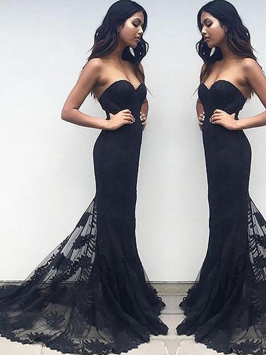 Trumpet/Mermaid Sleeveless Sweetheart Lace Ruffles Sweep/Brush Train Dresses - Prom Dresses