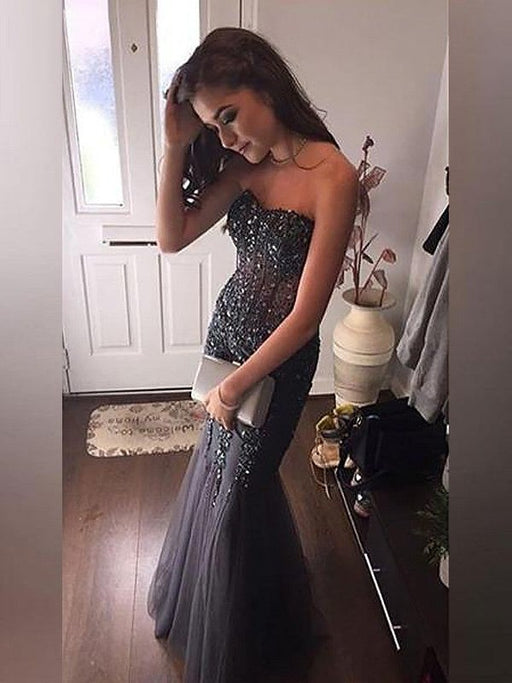 Trumpet/Mermaid Sleeveless Sweetheart Tulle Sequin Floor-Length Dresses - Prom Dresses