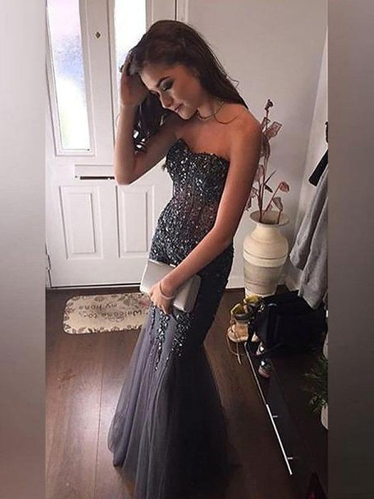 Trumpet/Mermaid Sleeveless Sweetheart Tulle Sequin Floor-Length Dresses - Prom Dresses