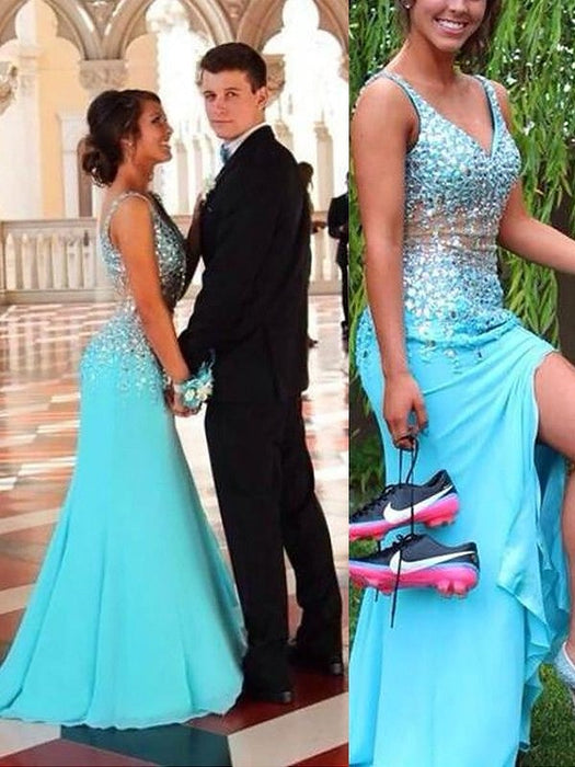 Trumpet/Mermaid Sleeveless V-neck Chiffon Beading Sweep/Brush Train Dresses - Prom Dresses