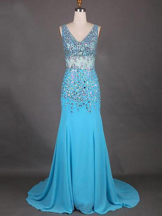 Trumpet/Mermaid Sleeveless V-neck Chiffon Beading Sweep/Brush Train Dresses - Prom Dresses