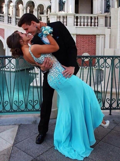Trumpet/Mermaid Sleeveless V-neck Chiffon Beading Sweep/Brush Train Dresses - Prom Dresses