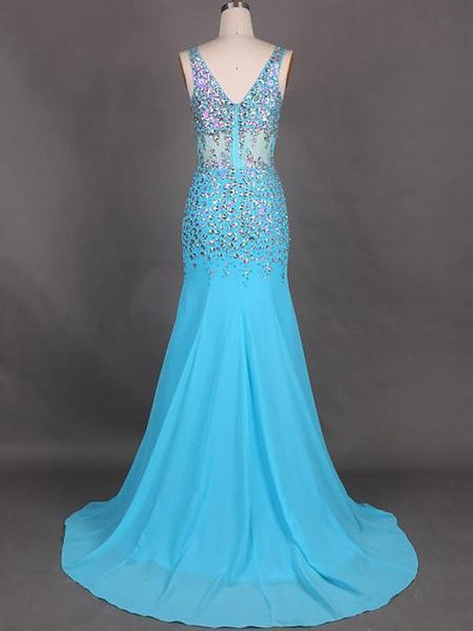 Trumpet/Mermaid Sleeveless V-neck Chiffon Beading Sweep/Brush Train Dresses - Prom Dresses