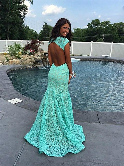 Trumpet/Mermaid Sleeveless V-neck Lace Ruffles Sweep/Brush Train Dresses - Prom Dresses