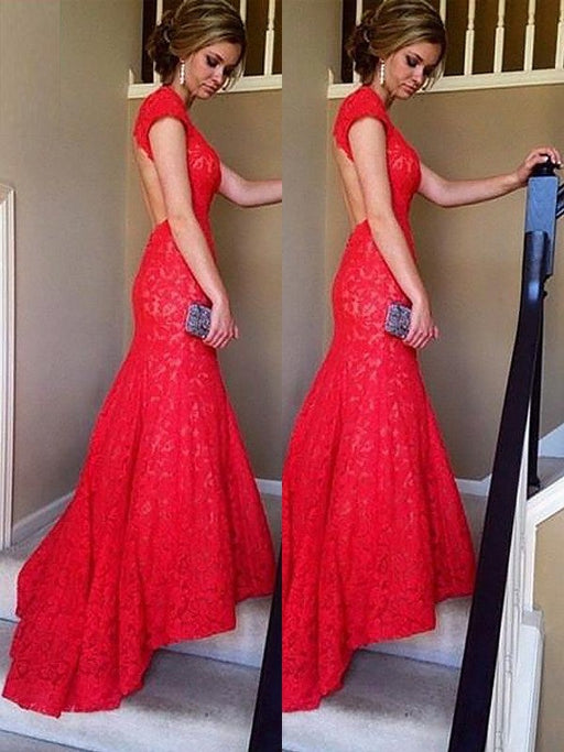 Trumpet/Mermaid Sleeveless V-neck Lace Ruffles Sweep/Brush Train Dresses - Prom Dresses