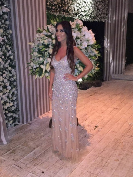 Trumpet/Mermaid Sleeveless V-neck Tulle Crystal Sweep/Brush Train Dresses - Prom Dresses