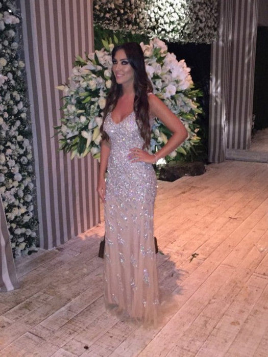 Trumpet/Mermaid Sleeveless V-neck Tulle Crystal Sweep/Brush Train Dresses - Prom Dresses