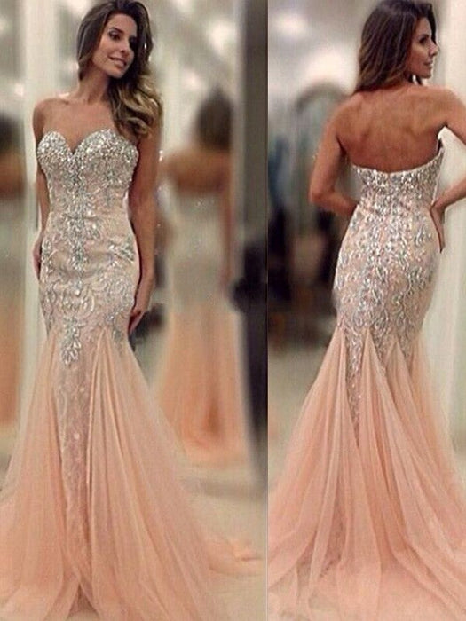 Trumpet/Mermaid Sweetheart Sleeveless Sweep/Brush Train Beading Tulle Dresses - Prom Dresses