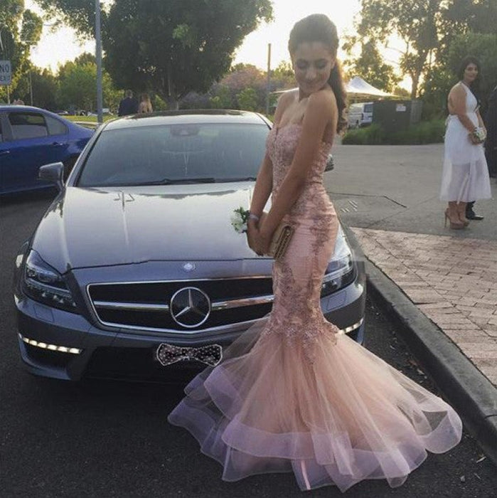 Trumpet/Mermaid Sweetheart Tulle Applique Sleeveless Sweep/Brush Train Dresses - Prom Dresses