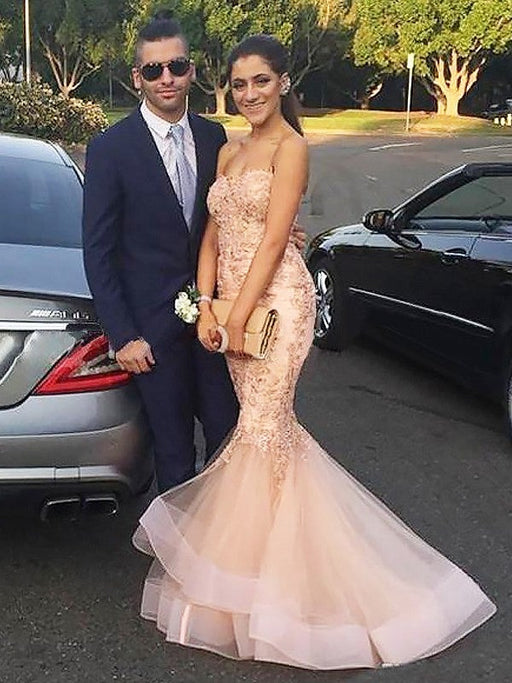 Trumpet/Mermaid Sweetheart Tulle Applique Sleeveless Sweep/Brush Train Dresses - Prom Dresses