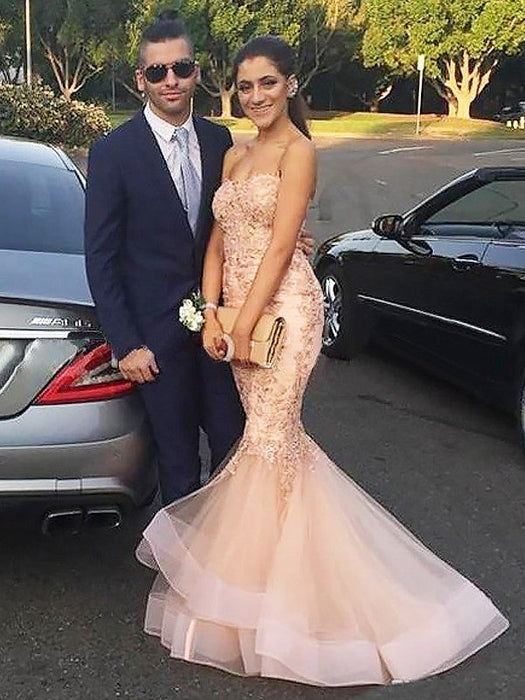 Trumpet/Mermaid Sweetheart Tulle Applique Sleeveless Sweep/Brush Train Dresses - Prom Dresses