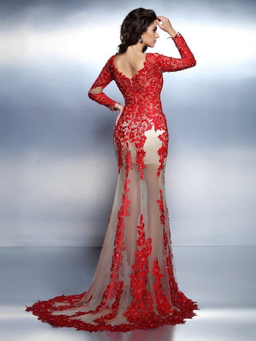 Trumpet/Mermaid V-neck Applique Long Sleeves Long Lace Dresses - Prom Dresses