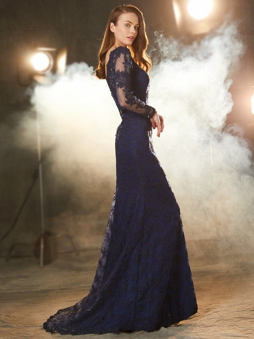 Trumpet/Mermaid V-neck Long Sleeves Applique Sweep/Brush Train Lace Dresses - Prom Dresses