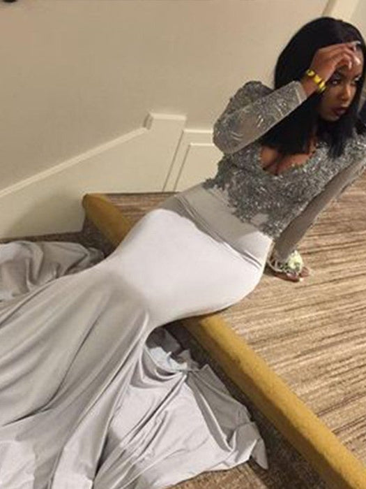 Trumpet/Mermaid V-neck Long Sleeves Sweep/Brush Train Applique Satin Dresses - Prom Dresses