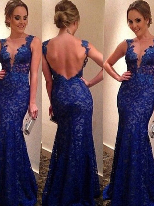 Trumpet/Mermaid V-neck Sleeveless Applique Sweep/Brush Train Lace Dresses - Prom Dresses
