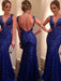 Trumpet/Mermaid V-neck Sleeveless Applique Sweep/Brush Train Lace Dresses - Prom Dresses