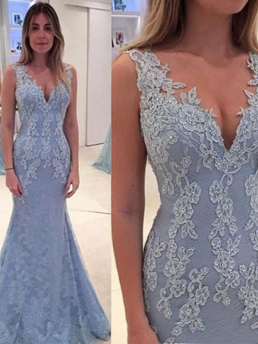 Trumpet/Mermaid V-neck Sleeveless Applique Sweep/Brush Train Lace Dresses - Prom Dresses
