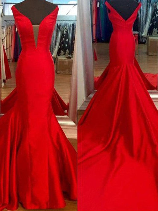 Trumpet/Mermaid V-neck Sleeveless Satin Sweep/Brush Train Dresses - Prom Dresses