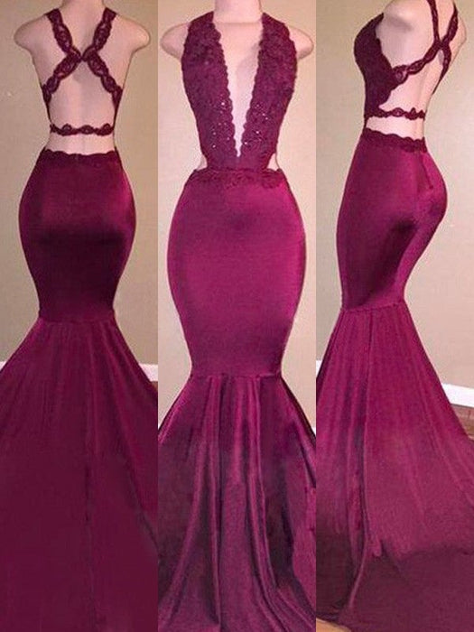 Trumpet/Mermaid V-Neck Stretch Crepe Sleeveless Applique Sweep/Brush Train Dresses - Prom Dresses