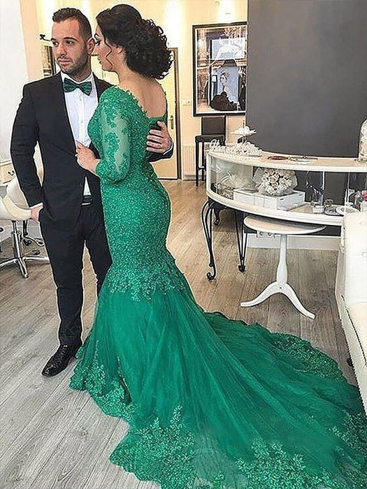 Trumpet/Mermaid V-neck Tulle Applique 3/4 Sleeves Sweep/Brush Train Plus Size Dresses - Prom Dresses