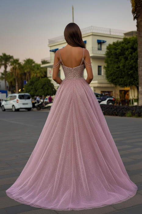 Tulle A-Line Long Prom Dress With Sequins Beads
