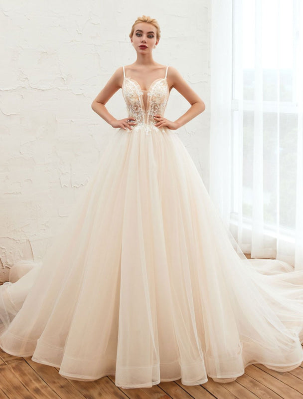 Tulle A Line Wedding Dress V Neck Sleeveless Bridal Gowns-Bridelily