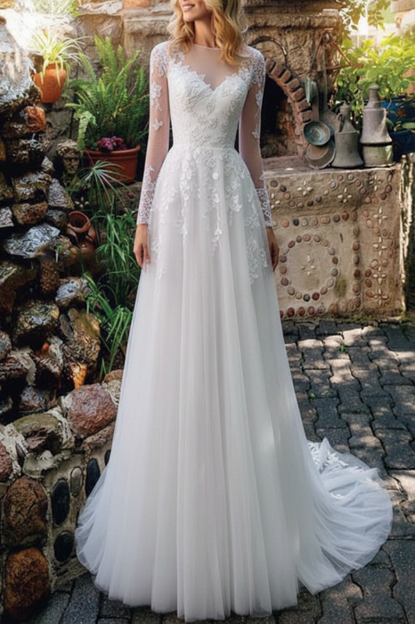 white long sleeve tulle boho wedding bridal dresses with train