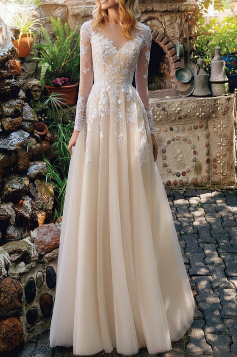 ivory long sleeve tulle boho wedding bridal dresses aline with train