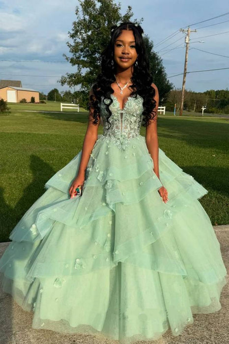 Spaghetti Straps Sage Aline Prom Dress Tulle Aline Evening Dress with Lace