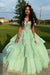 Spaghetti Straps Sage Aline Prom Dress Tulle Aline Evening Dress with Lace
