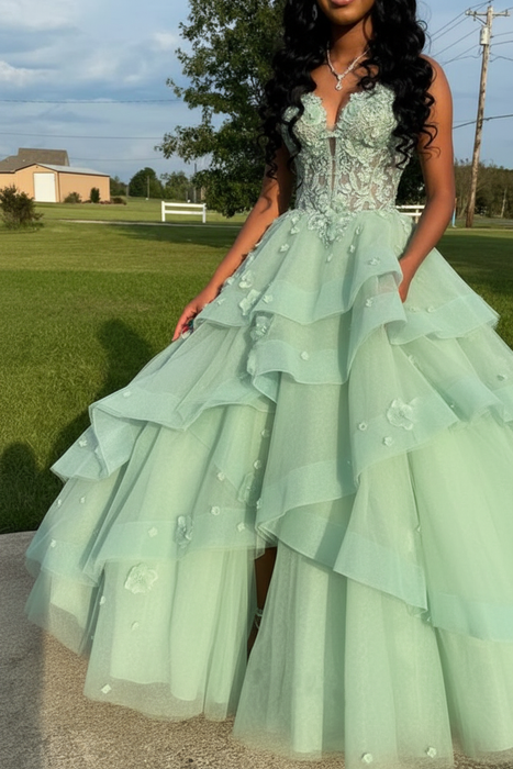 Spaghetti Straps Sage Aline Prom Dress Tulle Aline Evening Dress with Lace