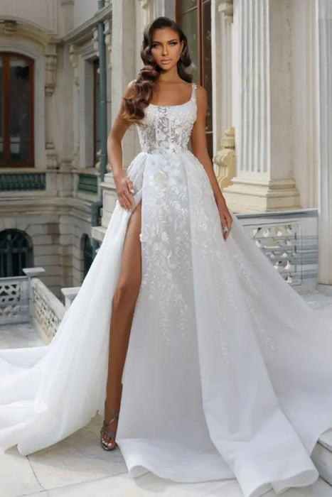 Tulle Lace Aline Wedding Dress Square neck Front Split Bridal Dress - Wedding Dresses