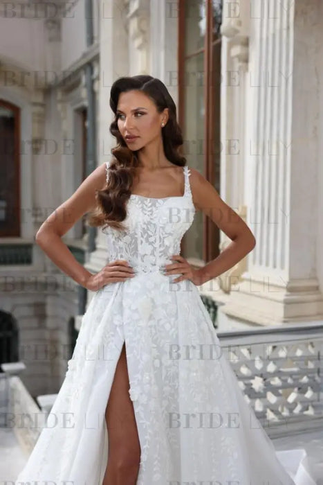 Tulle Lace Aline Wedding Dress Square neck Front Split Bridal Dress - Wedding Dresses
