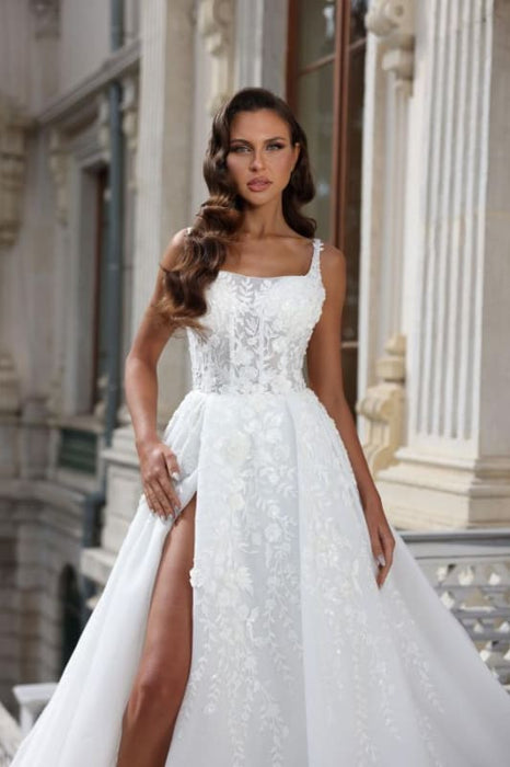 Tulle Lace Aline Wedding Dress Square neck Front Split Bridal Dress - Wedding Dresses