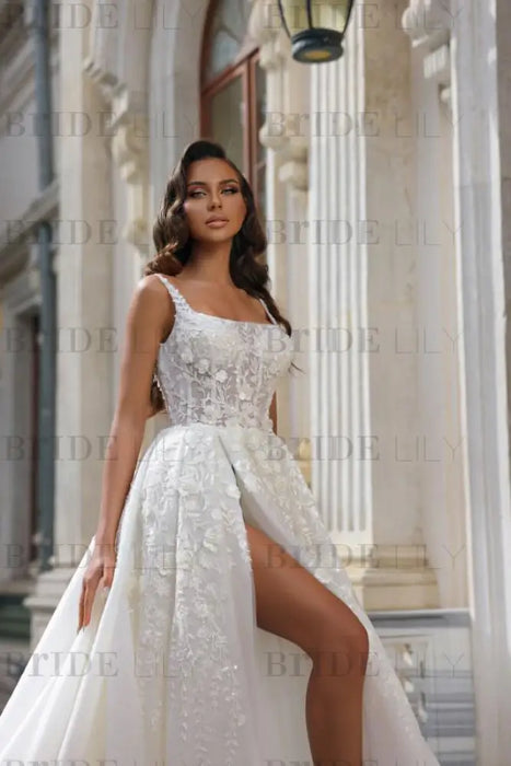 Tulle Lace Aline Wedding Dress Square neck Front Split Bridal Dress - Wedding Dresses