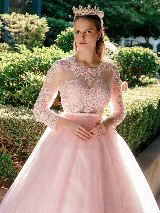 Ball Gown Tulle Scoop Lace Long Sleeves Sweep/Brush Train Dresses - Prom Dresses