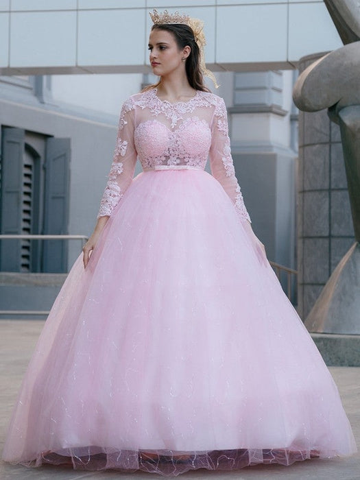 Ball Gown Tulle Scoop Lace Long Sleeves Sweep/Brush Train Dresses - Prom Dresses