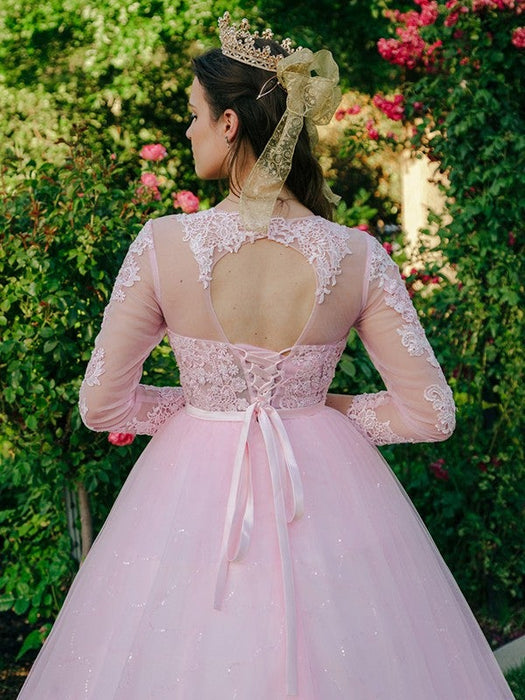 Ball Gown Tulle Scoop Lace Long Sleeves Sweep/Brush Train Dresses - Prom Dresses