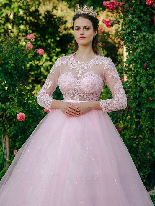 Ball Gown Tulle Scoop Lace Long Sleeves Sweep/Brush Train Dresses - Prom Dresses