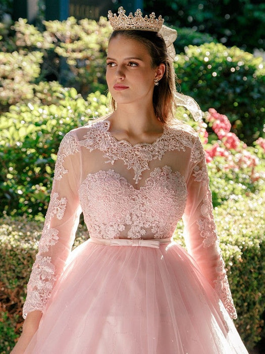 Ball Gown Tulle Scoop Lace Long Sleeves Sweep/Brush Train Dresses - Prom Dresses