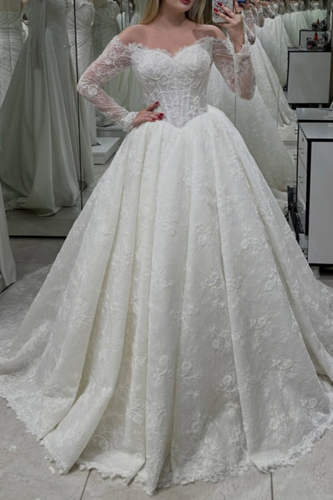Sweetheart Corset Lace A-Line Wedding Dress with Long Sleeves