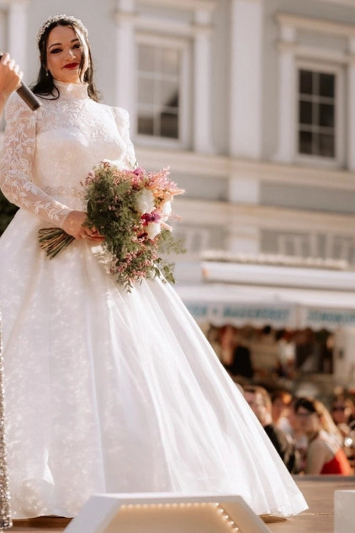 Tulle Plus Size Wedding Dress High Neck Lace Aline Bridal Dress Long Sleeves - Wedding Dresses